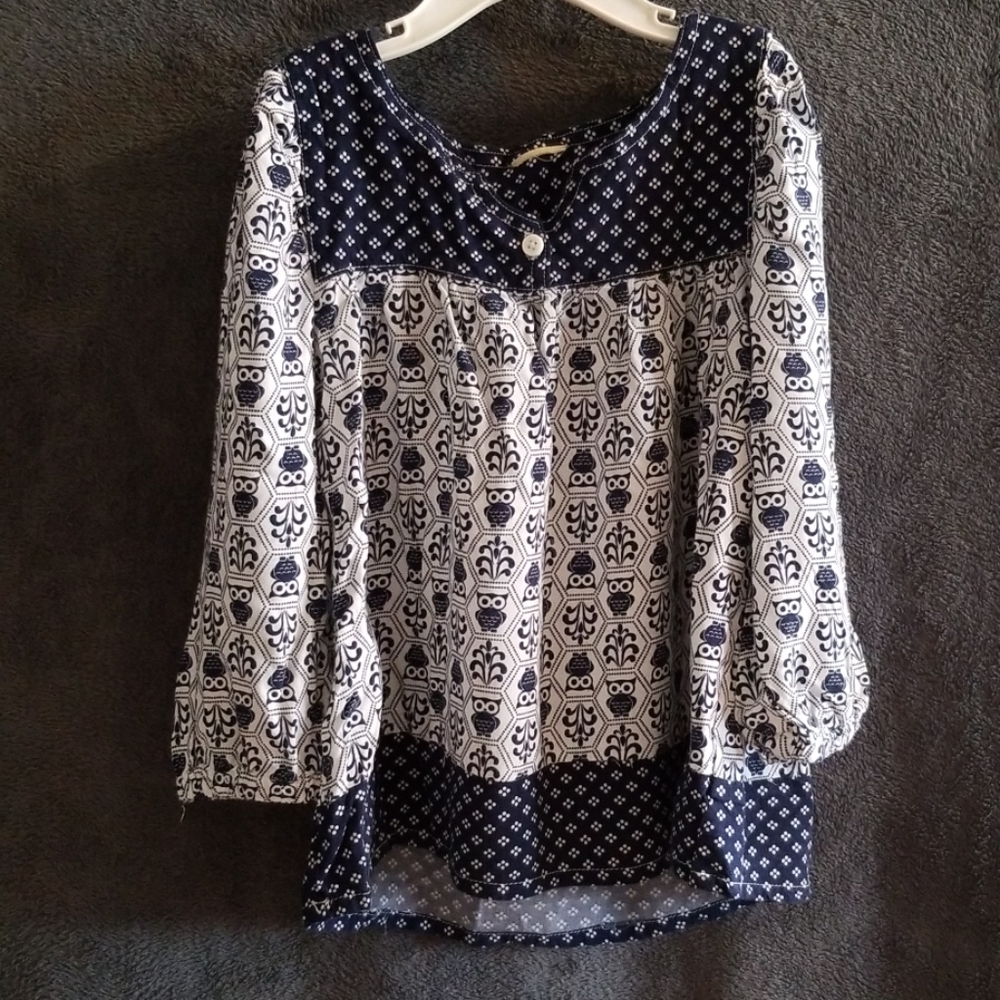 Navy Blue & White Patterned Blouse